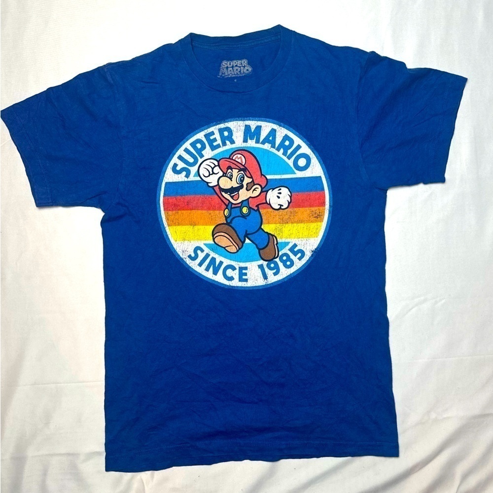 Super Mario Since 1895 Blue 100% Cotton GraphicT  Short Sleeve Small Nintendo